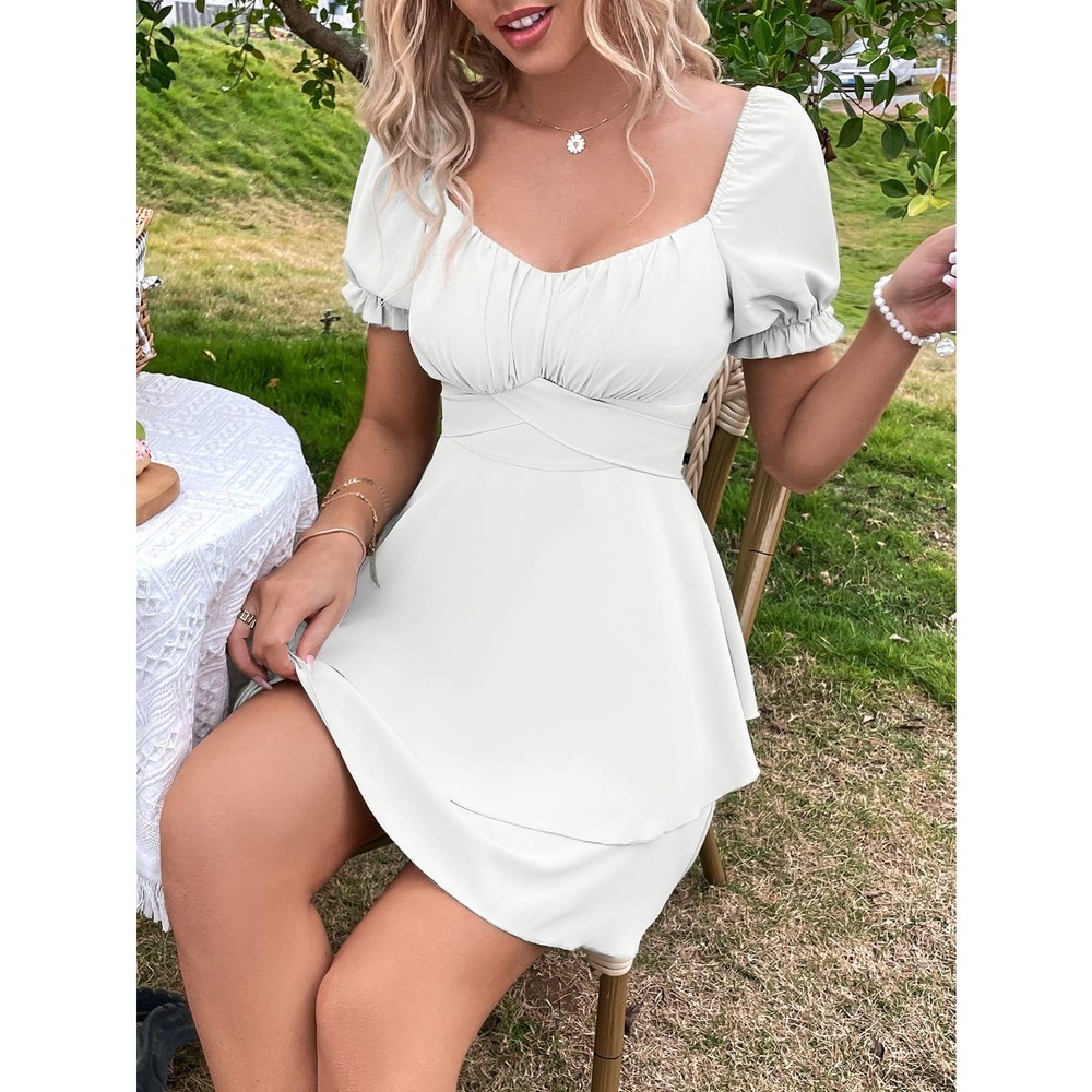 Sweetheart Neck Short Puff Sleeve Layered Hem Mini Dress light blue - Picture 4 of 11
